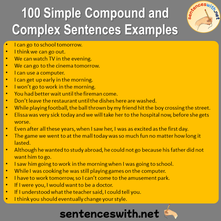100 Simple, Compound and Complex Sentences Examples
