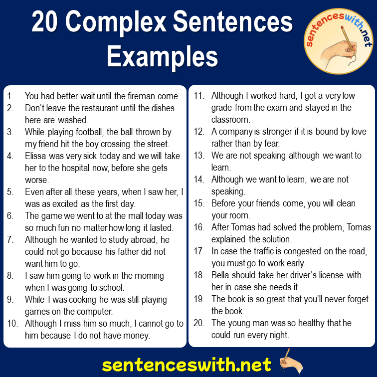 20 Complex Sentences Examples, English Examples of Complex Sentences