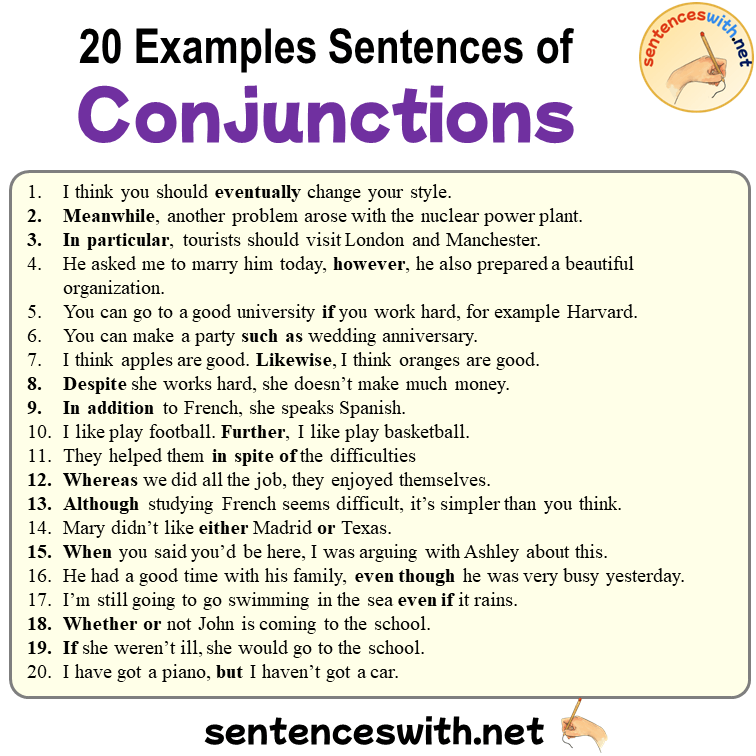 20 Examples Sentences of Conjunctions, English Conjunctions Sentences