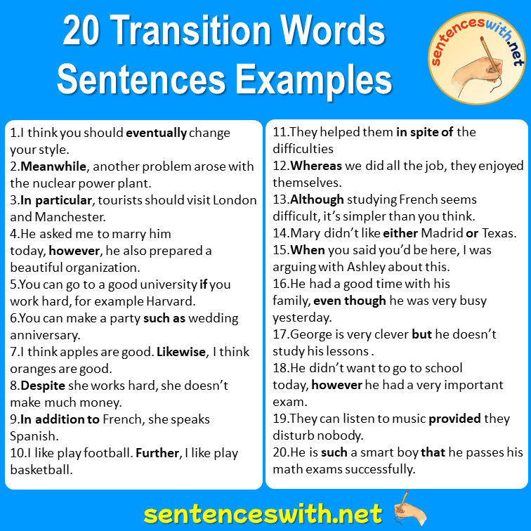 20 Transition Words Sentences Examples, English Examples of Transition Words Sentences