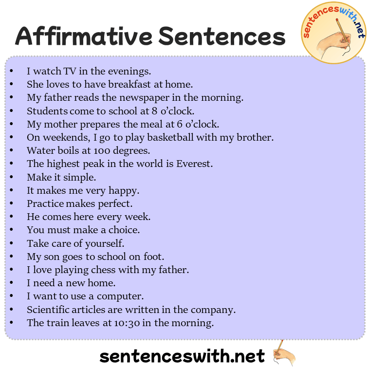 Affirmative Sentences in English, 100 Examples of Affirmative Sentences