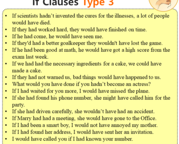 Conditional If Clauses Type 3 Sentences Examples, 50 If Clauses Type Third Sentences