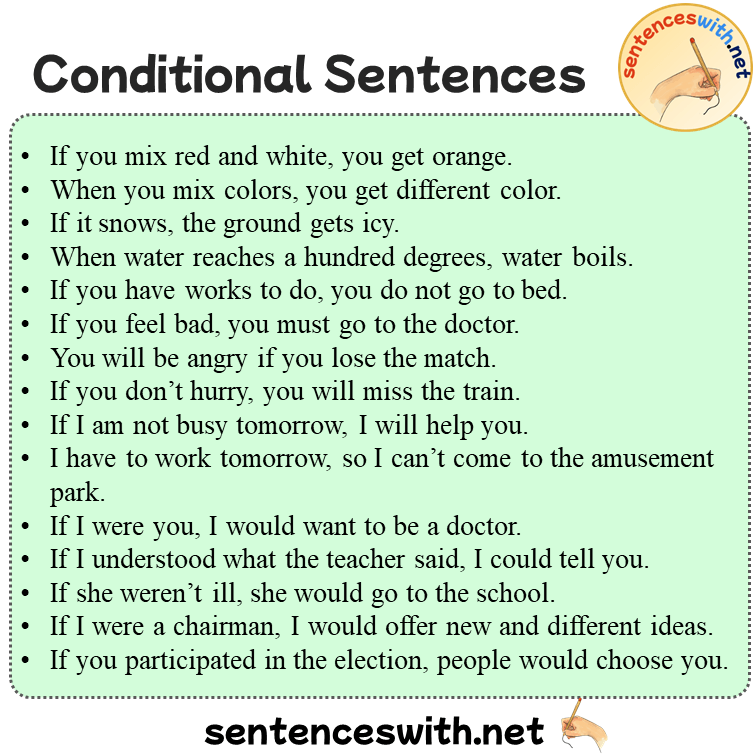 Conditional Sentences Examples, 100 Conditional Example Sentences, If Clauses Type 0 1 2 3 Mixed