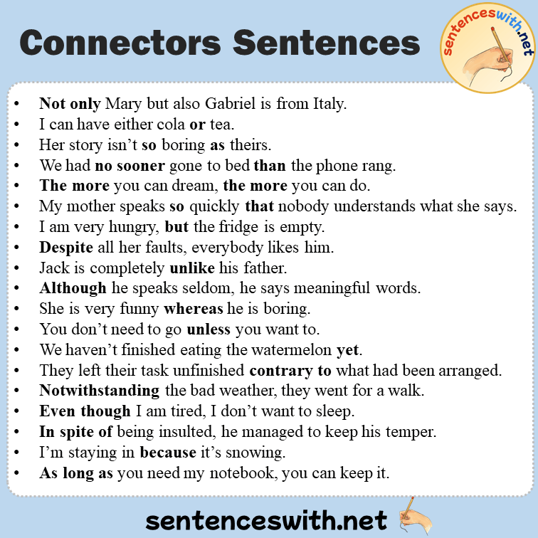Connectors Sentences in English, 200 Examples of Connectors Words Sentences