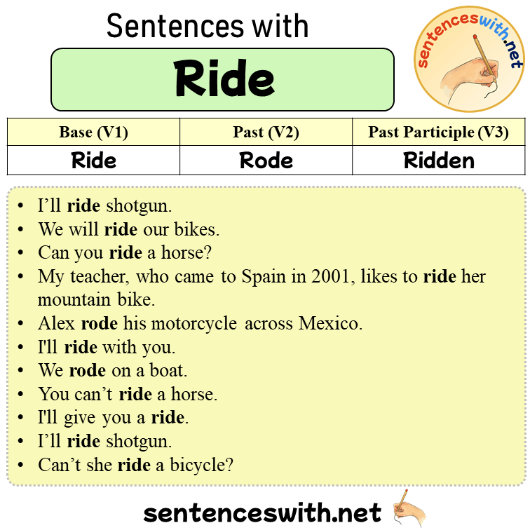 Sentences with Ride, Past and Past Participle Form Of Ride V1 V2 V3