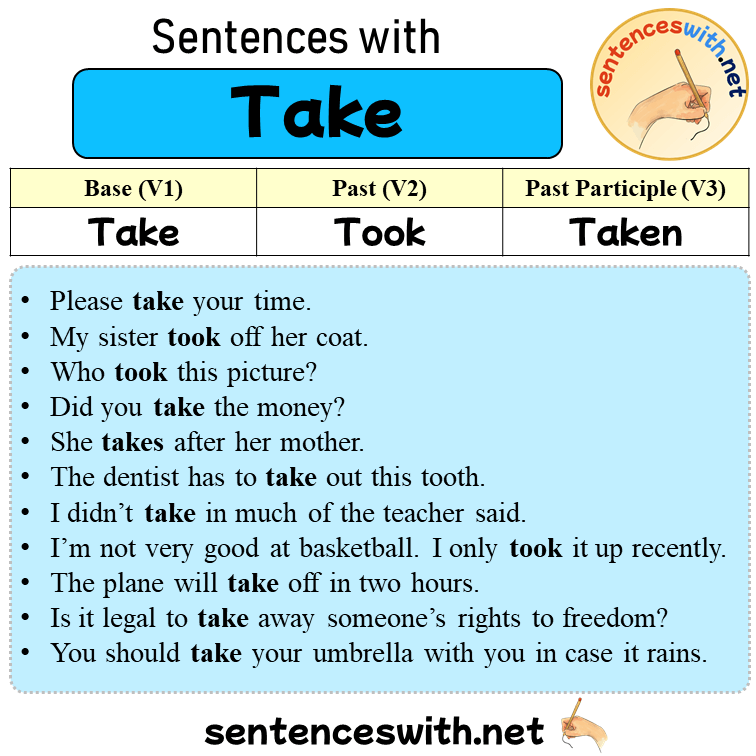 Sentences with Take, Past and Past Participle Form Of Take V1 V2 V3