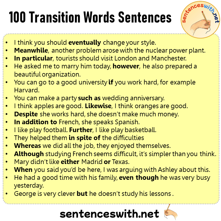 Transition Words Sentences in English, 100 Examples of Transition Words Sentences
