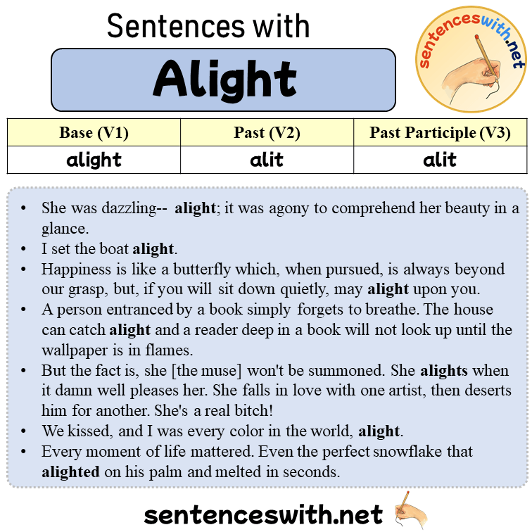 Sentences with Alight, Past and Past Participle Form Of Alight V1 V2 V3