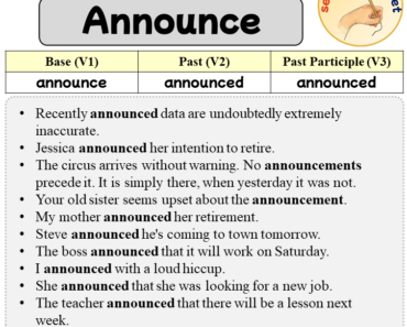 Sentences with Announce, Past and Past Participle Form Of Announce V1 V2 V3