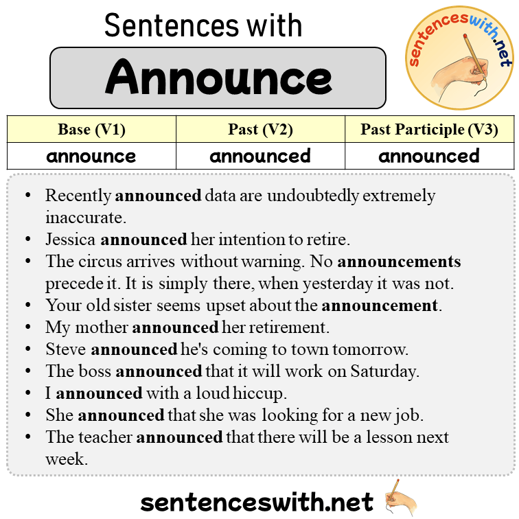 Sentences with Announce, Past and Past Participle Form Of Announce V1 V2 V3