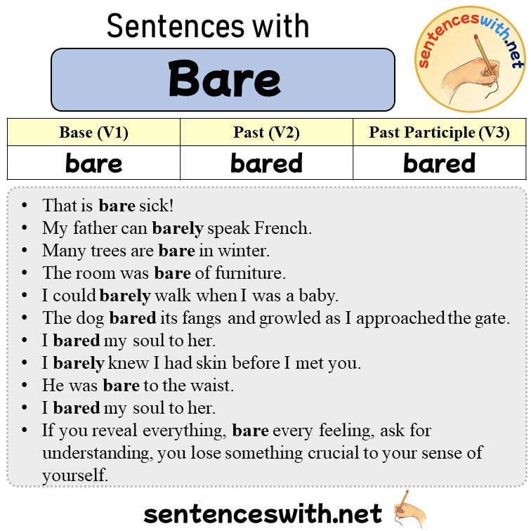 Sentences with Bare, Past and Past Participle Form Of Bare V1 V2 V3