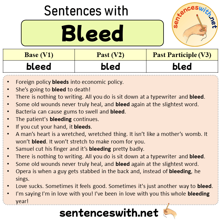 Sentences with Bleed, Past and Past Participle Form Of Bleed V1 V2 V3