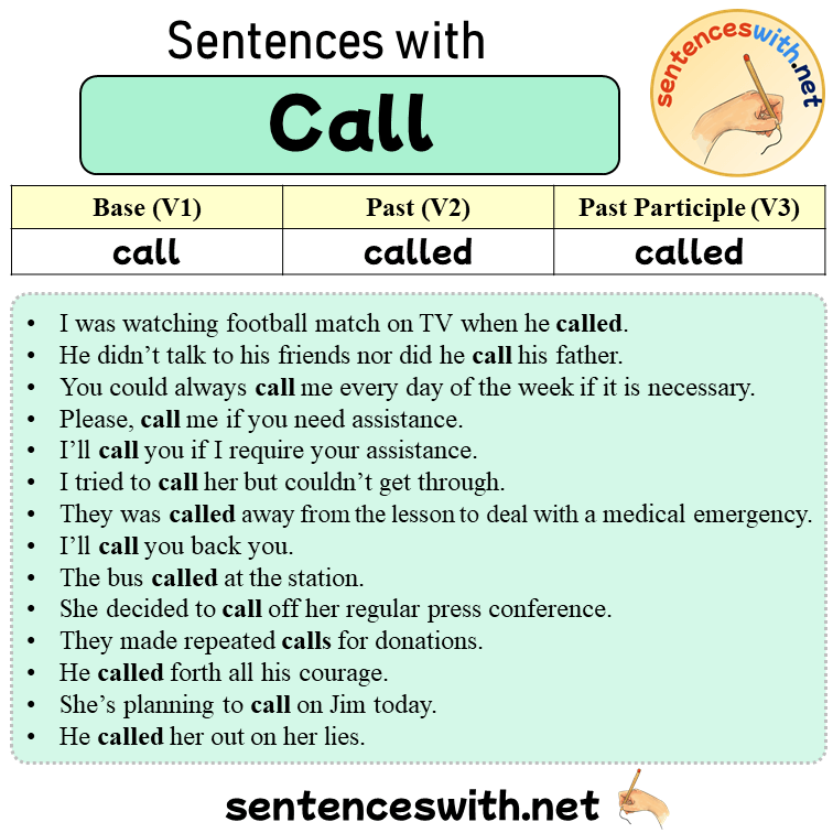 Sentences with Call, Past and Past Participle Form Of Call V1 V2 V3
