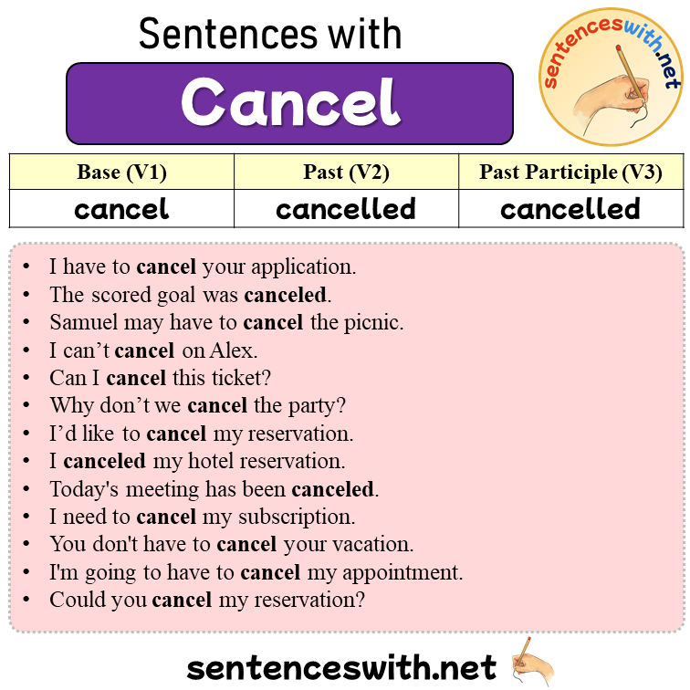 Sentences with Cancel, Past and Past Participle Form Of Cancel V1 V2 V3