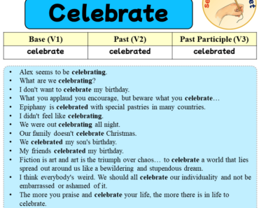 Sentences with Celebrate, Past and Past Participle Form Of Celebrate V1 V2 V3