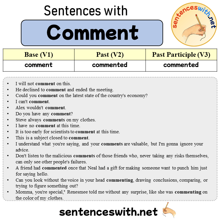 Sentences with Comment, Past and Past Participle Form Of Comment V1 V2 V3