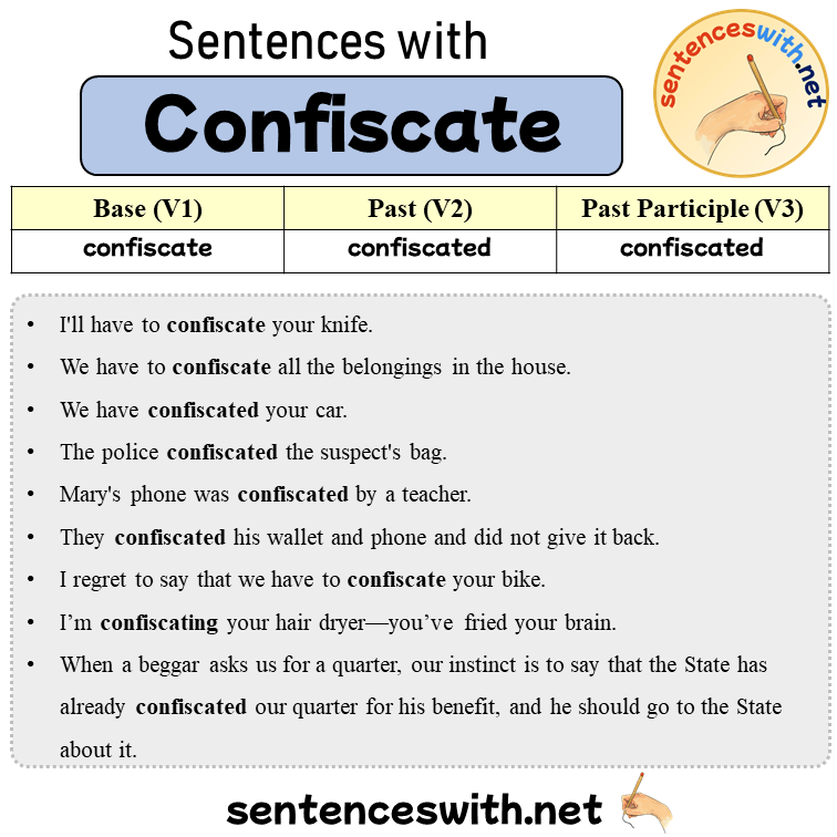 Sentences with Confiscate, Past and Past Participle Form Of Confiscate V1 V2 V3