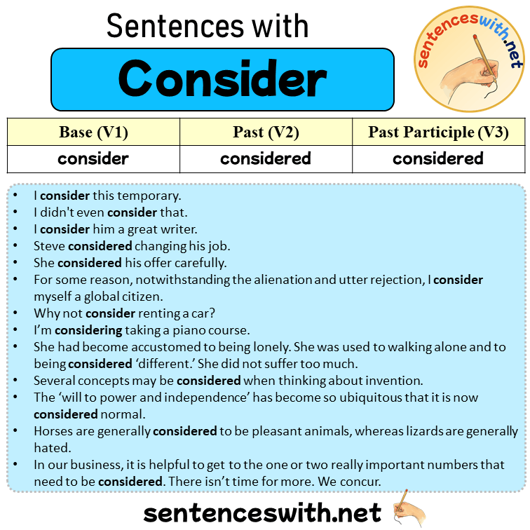 Sentences with Consider, Past and Past Participle Form Of Consider V1 V2 V3