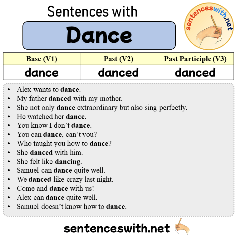 Sentences with Dance, Past and Past Participle Form Of Dance V1 V2 V3