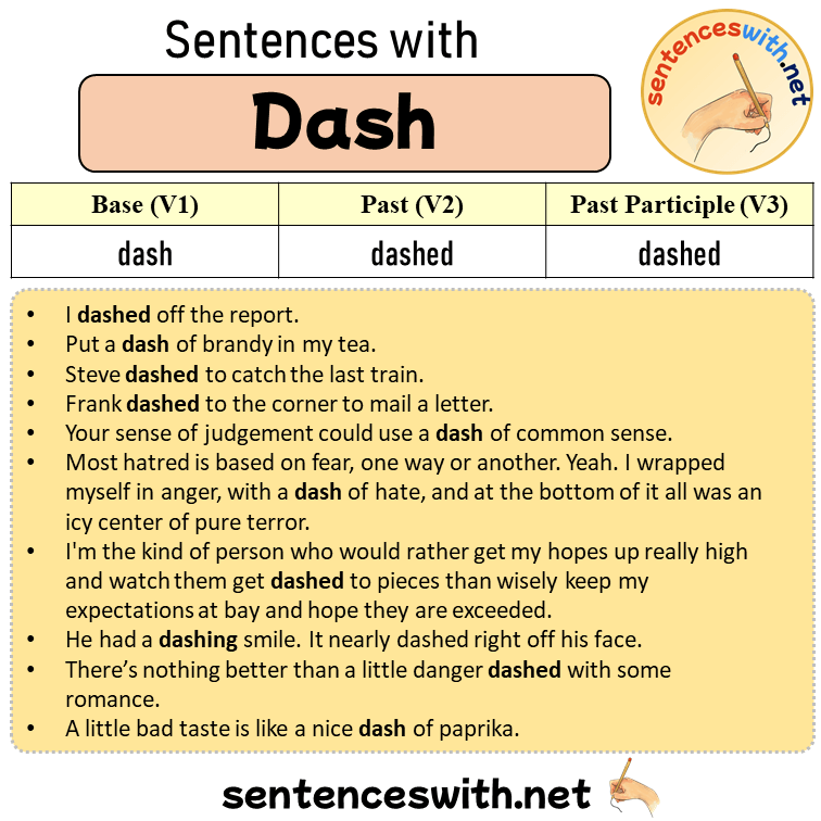 Sentences with Dash, Past and Past Participle Form Of Dash V1 V2 V3