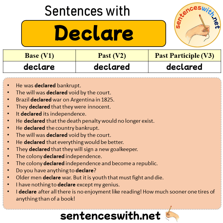 Sentences with Declare, Past and Past Participle Form Of Declare V1 V2 V3