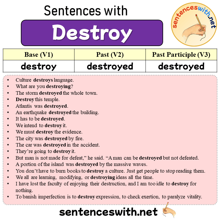 Sentences with Destroy, Past and Past Participle Form Of Destroy V1 V2 V3