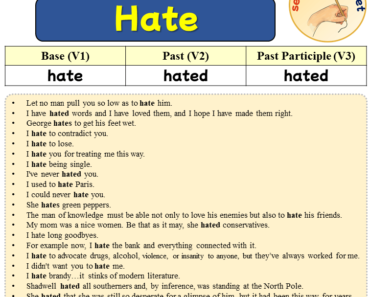 Sentences with Hate, Past and Past Participle Form Of Hate V1 V2 V3