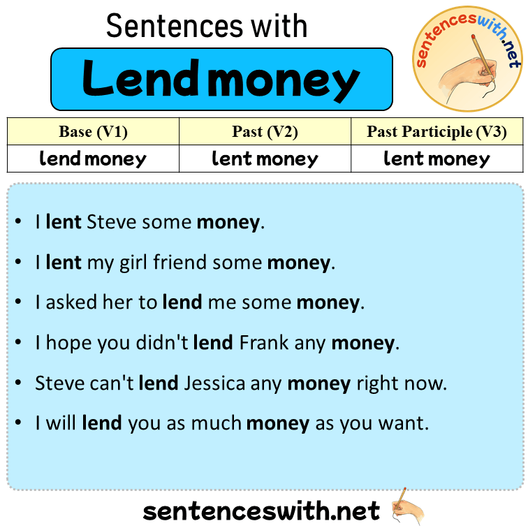 Sentences with Lend money, Past and Past Participle Form Of Lend money V1 V2 V3