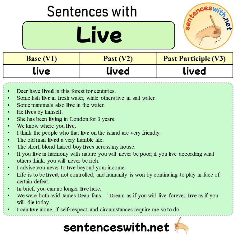 Sentences with Live, Past and Past Participle Form Of Live V1 V2 V3