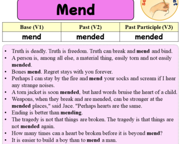 Sentences with Mend, Past and Past Participle Form Of Mend V1 V2 V3