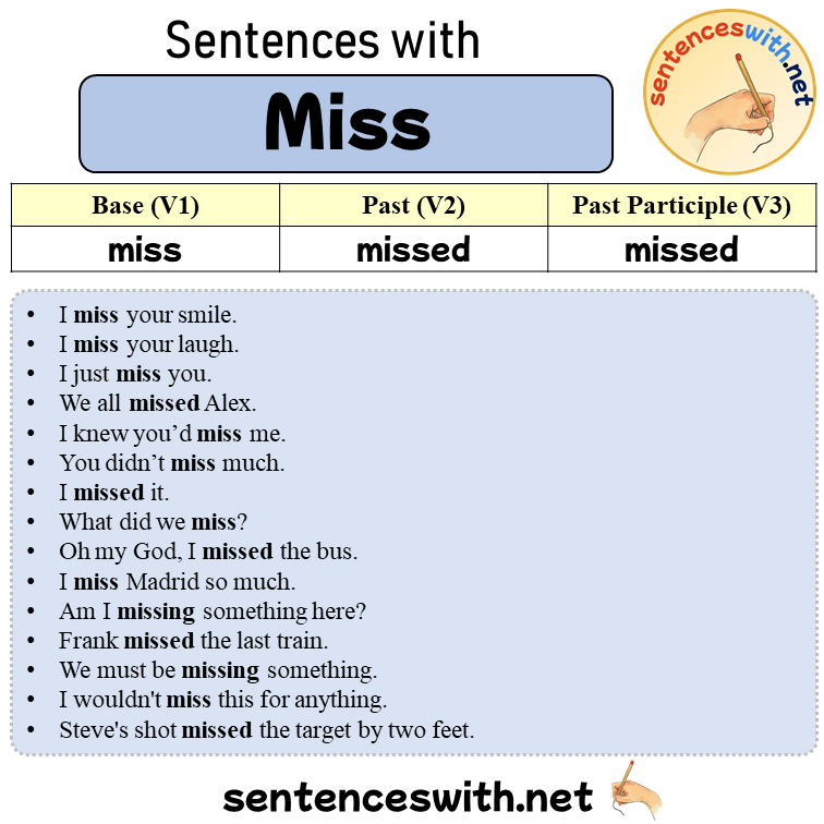 Sentences with Miss, Past and Past Participle Form Of Miss V1 V2 V3