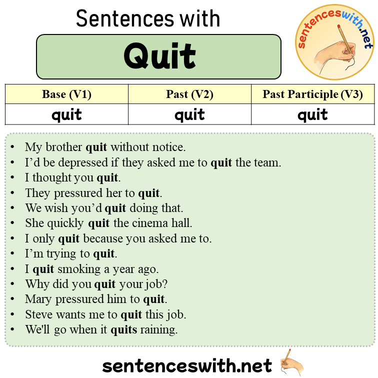 Sentences with Quit, Past and Past Participle Form Of Quit V1 V2 V3