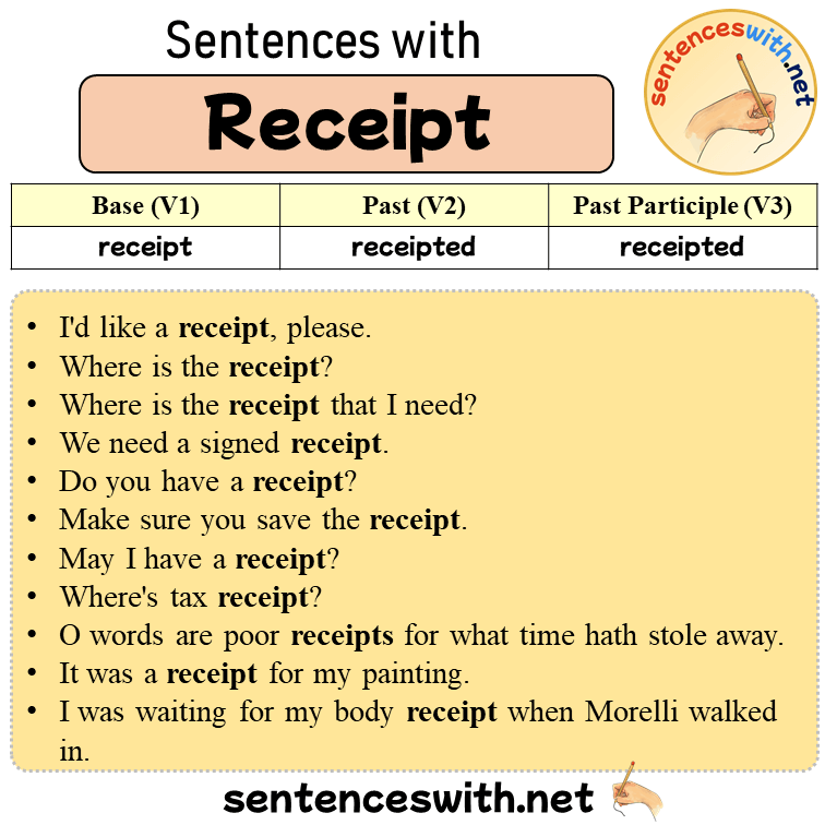 Sentences with Receipt, Past and Past Participle Form Of Receipt V1 V2 V3