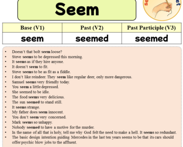 Sentences with Seem, Past and Past Participle Form Of Seem V1 V2 V3