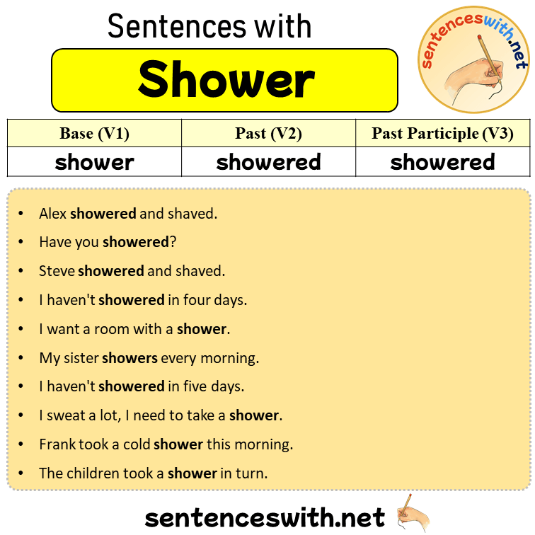 Sentences with Shower, Past and Past Participle Form Of Shower V1 V2 V3