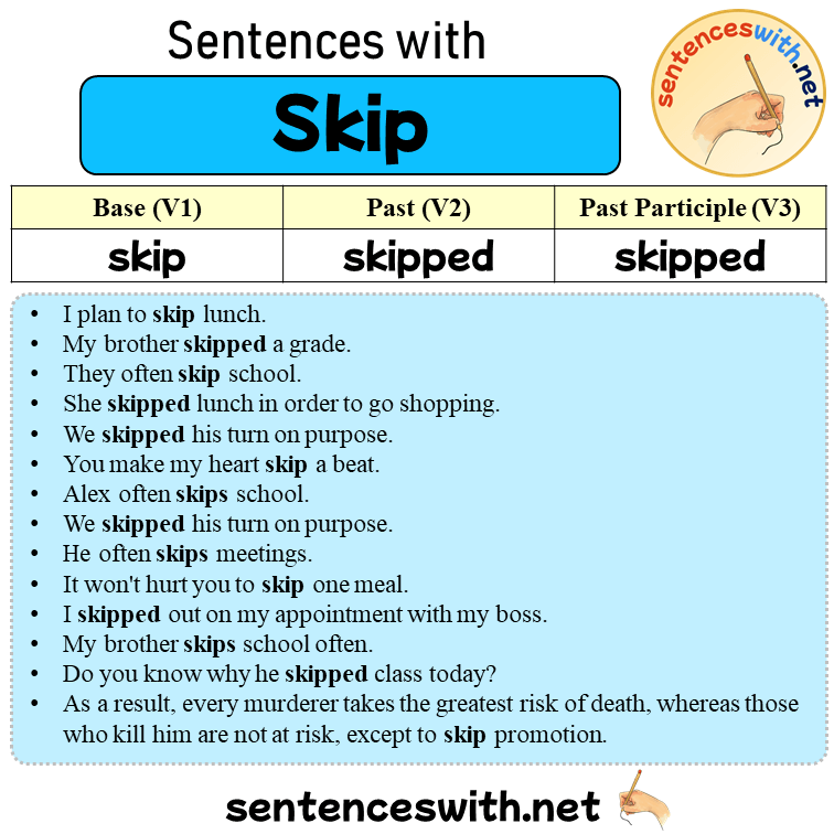 Sentences with Skip, Past and Past Participle Form Of Skip V1 V2 V3