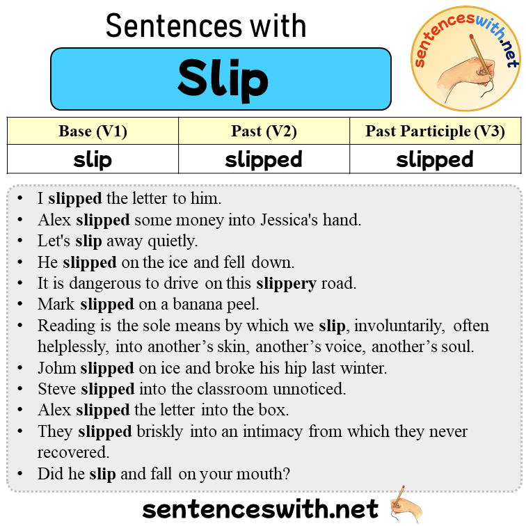 Sentences with Slip, Past and Past Participle Form Of Slip V1 V2 V3