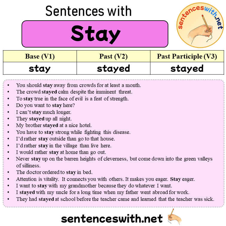 Sentences with Stay, Past and Past Participle Form Of Stay V1 V2 V3