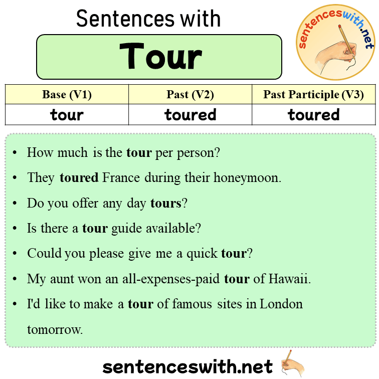 Sentences with Tour, Past and Past Participle Form Of Tour V1 V2 V3