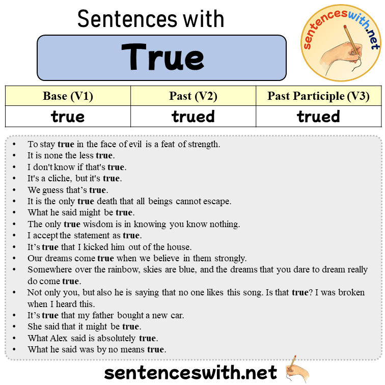 Sentences with True, Past and Past Participle Form Of True V1 V2 V3