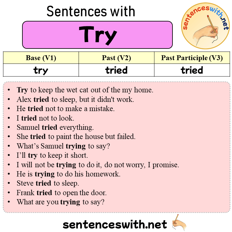 Sentences with Try, Past and Past Participle Form Of Try V1 V2 V3