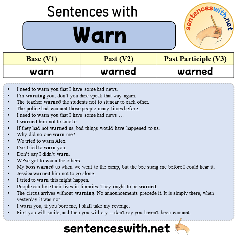Sentences with Warn, Past and Past Participle Form Of Warn V1 V2 V3