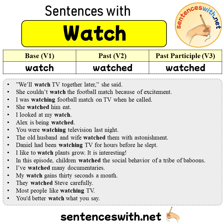 Sentences with Watch, Past and Past Participle Form Of Watch V1 V2 V3