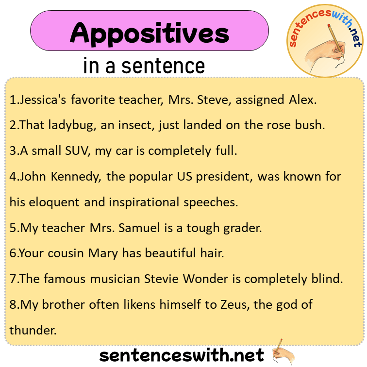 Appositives in a Sentence, Sentences of Appositives in English
