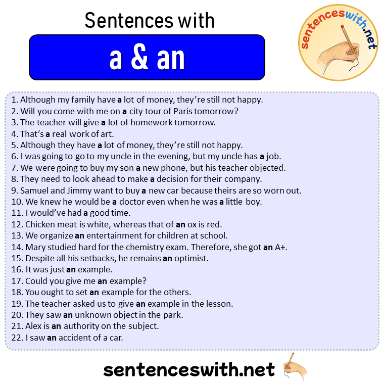 Sentences with a & an, Sentences about a & an in English