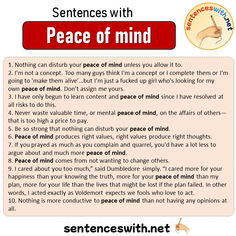 Sentences with Peace of mind, Sentences about Peace of mind in English