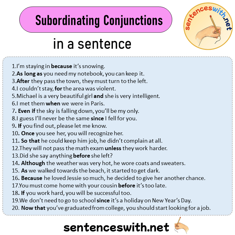 Subordinating Conjunctions in a Sentence, Sentences of Subordinating Conjunctions in English