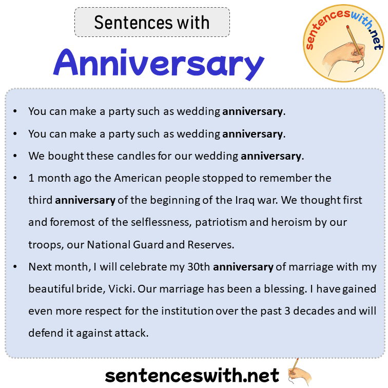 Sentences with Anniversary, Sentences about Anniversary