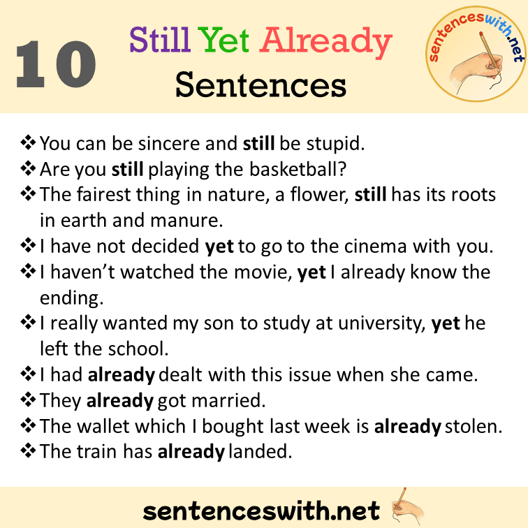 10 Still, Yet, Already Sentences Examples