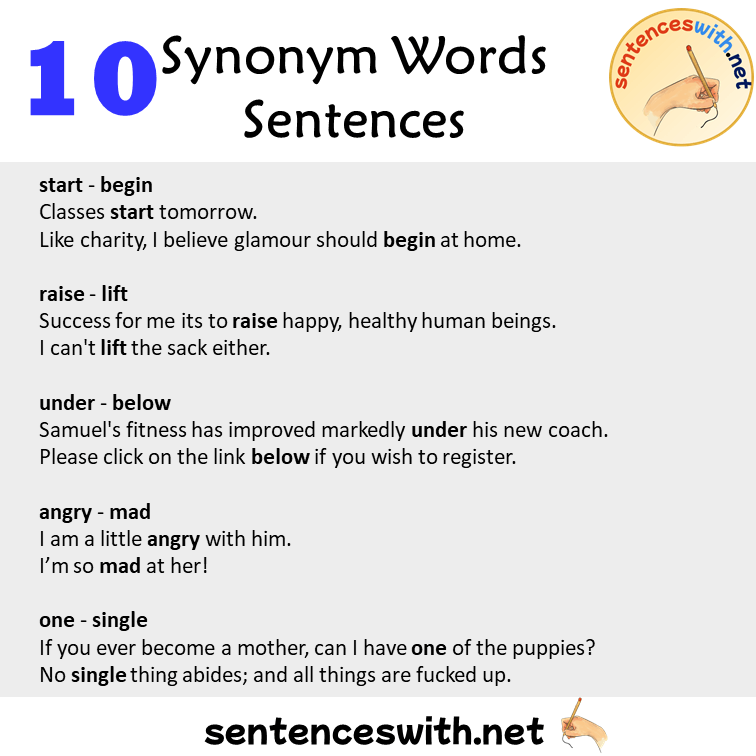 10 Synonym Words Sentences Examples, Synonyms Vocabulary with Sentences
